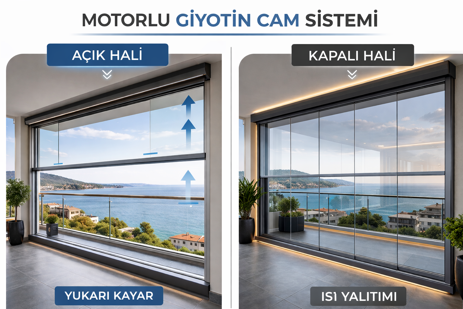 Otomatik giyotin cam balkon sistemi açık ve kapalı hali İstanbul